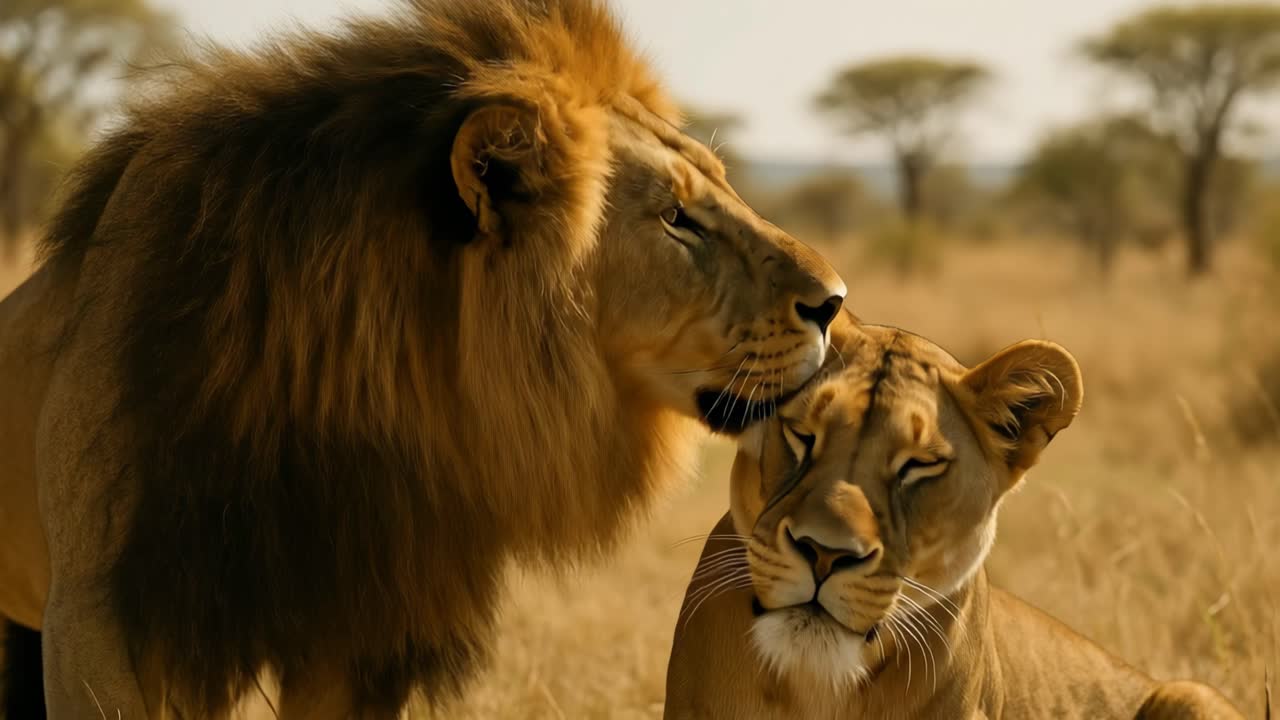 Fotograma de vídeo en primer plano de un león y una leona en un entorno de sabana, capturado desde un ángulo lateral.