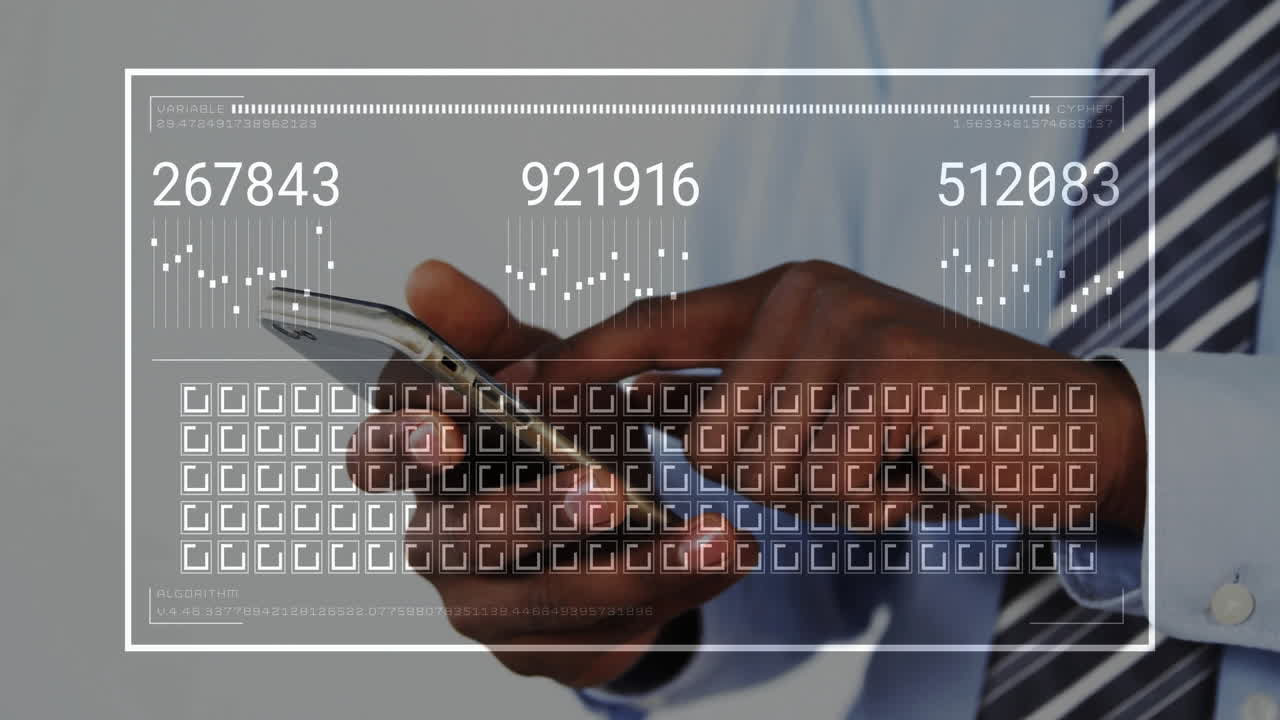 business professional holding smartphone in office, overlay showing financial data and bar charts