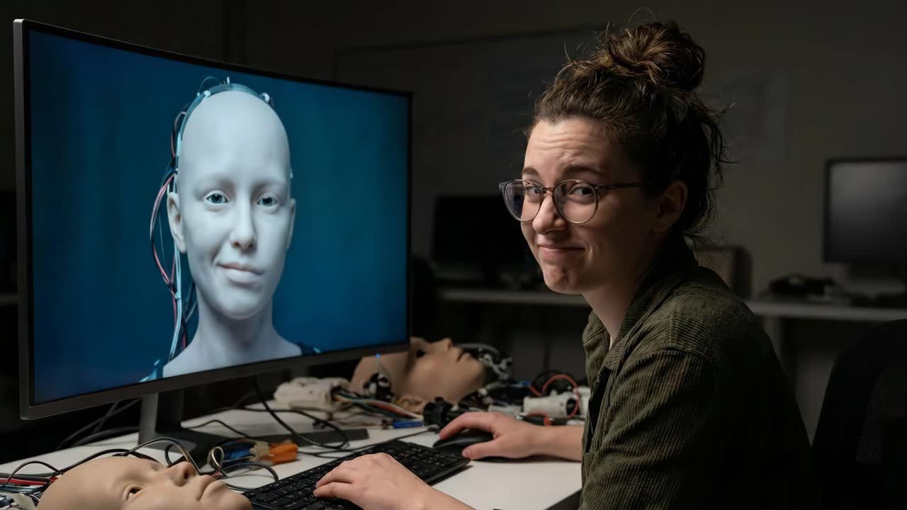 Woman working with a robot on a computer