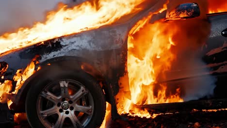 a burnt out car on fire on the side of the road