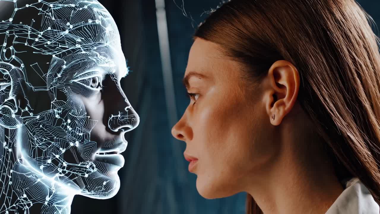 Una donna di fronte a un umanoide digitale. Il volto digitale presenta una rete di circuiti. Tecnologia