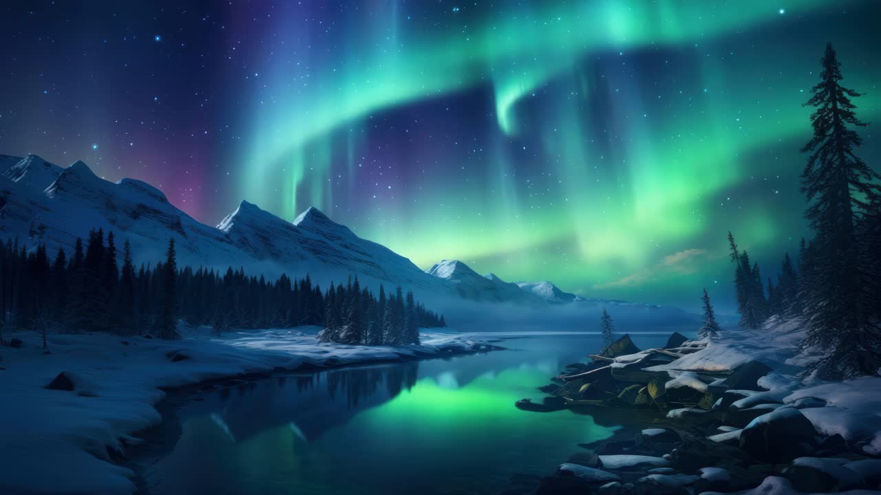 Un’affascinante scena video dell’aurora boreale su un paesaggio innevato, ripresa da un angolo basso