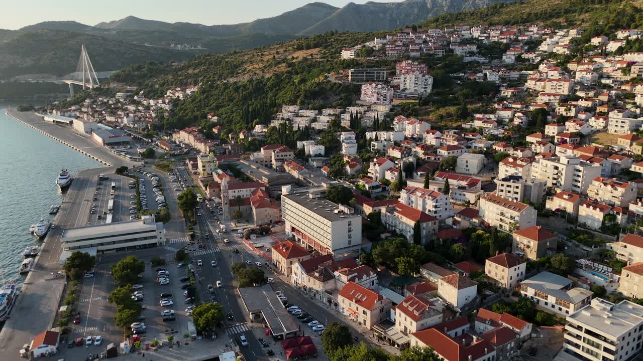 Port gruz dubrovnik croatia drone aerial view of the city port harbour town evening dusk balkan country on the adriatic sea Franjo Tuđman Bridge