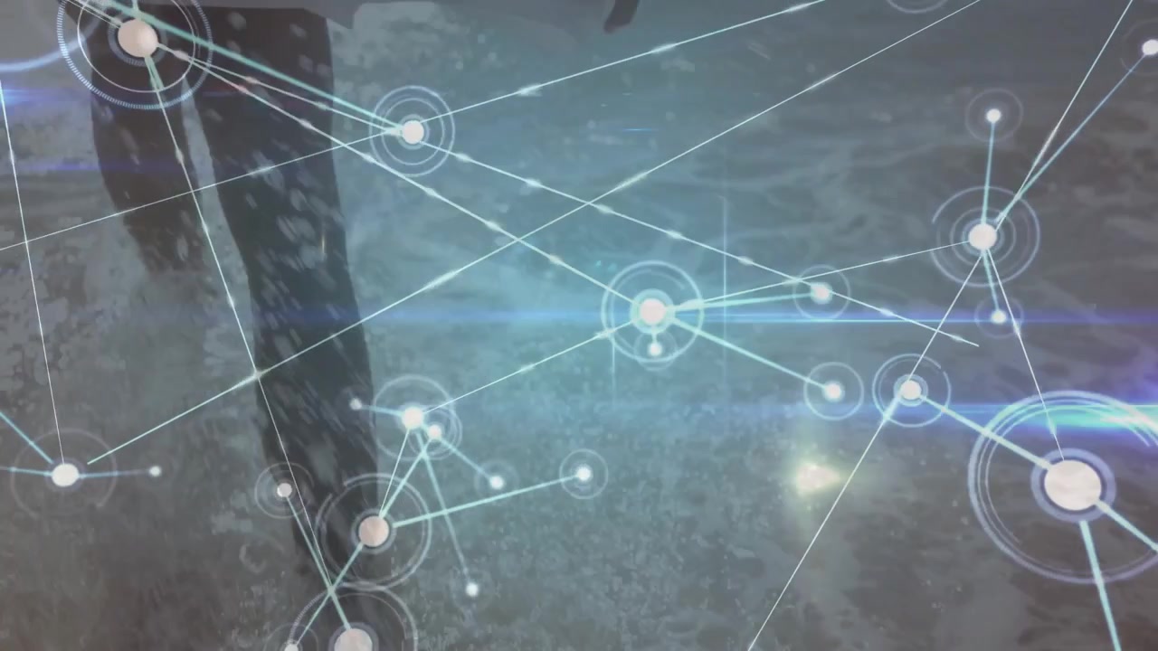 Woman stepping on wet sand and shallow waves, spawning network nodes forming overlay for tech demo