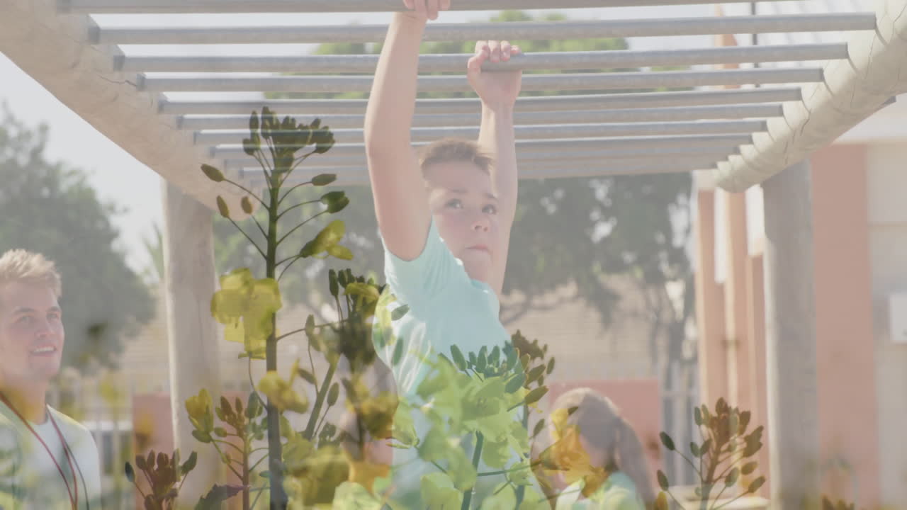 Child playing on monkey bars with plant animation in sunny school playground