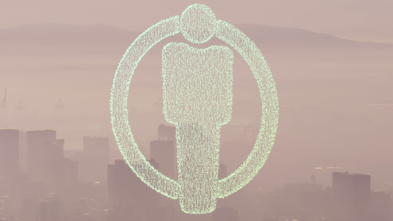 산과 도시의 공중 전망 위에서 남성 아이콘을 형성하는 점의 애니메이션