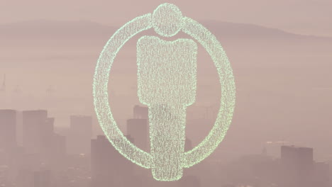 animación de puntos que forman un icono masculino en círculo sobre una vista aérea de la montaña y la ciudad.