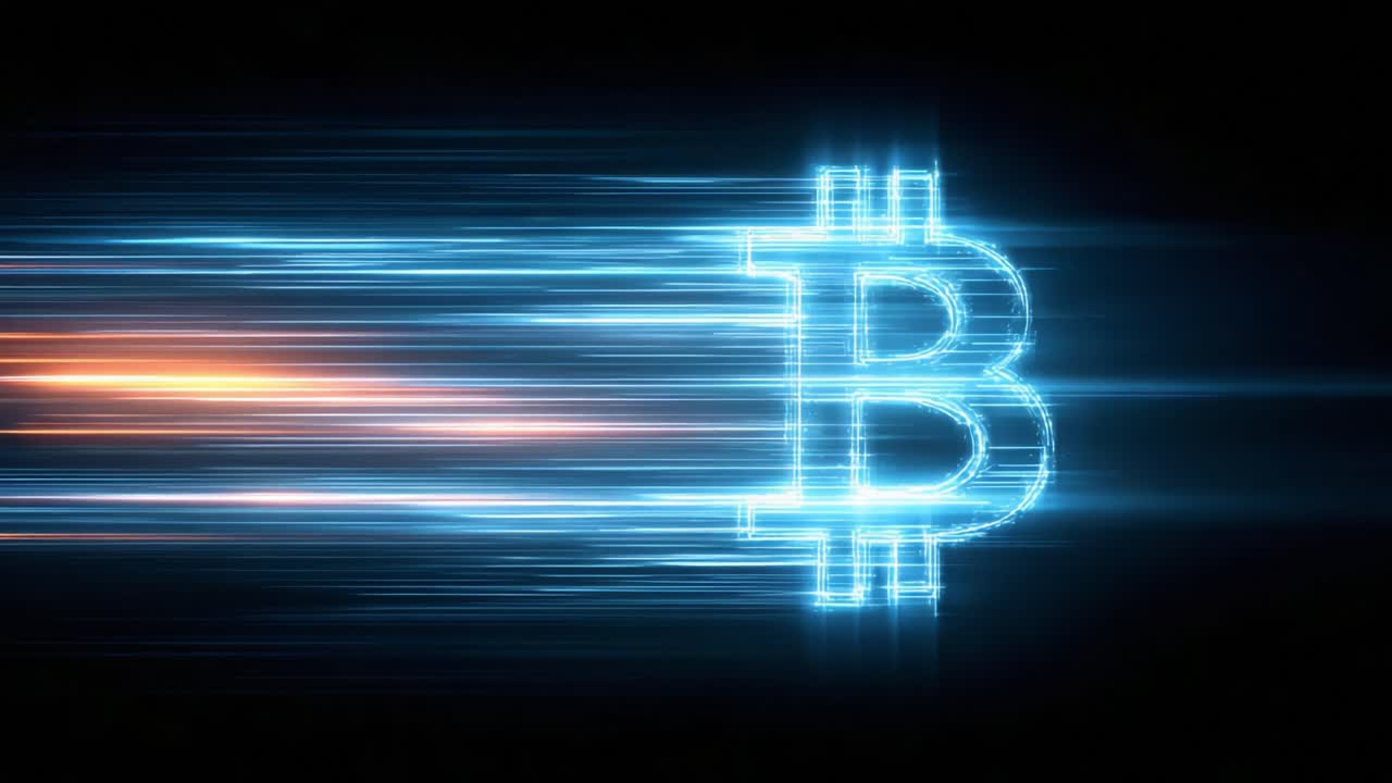 Illuminated Bitcoin Symbol in Motion: A Dynamic Representation of Cryptocurrency's Rapid Evolution in the Digital Age with Neon Visual Effects
