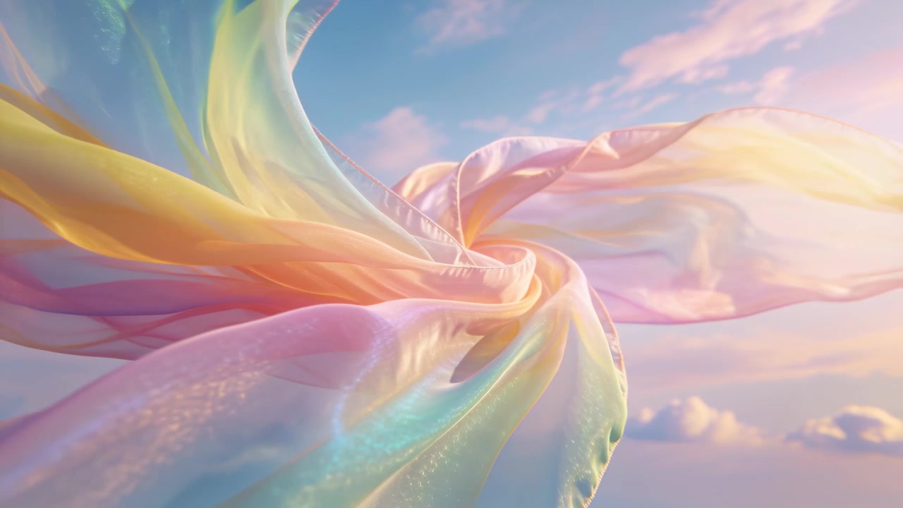 Spiralförmiger irisierender Chiffonwirbel löst sich zu offenen Bändern über Pastellhimmel, ausgelöst durch Brise.