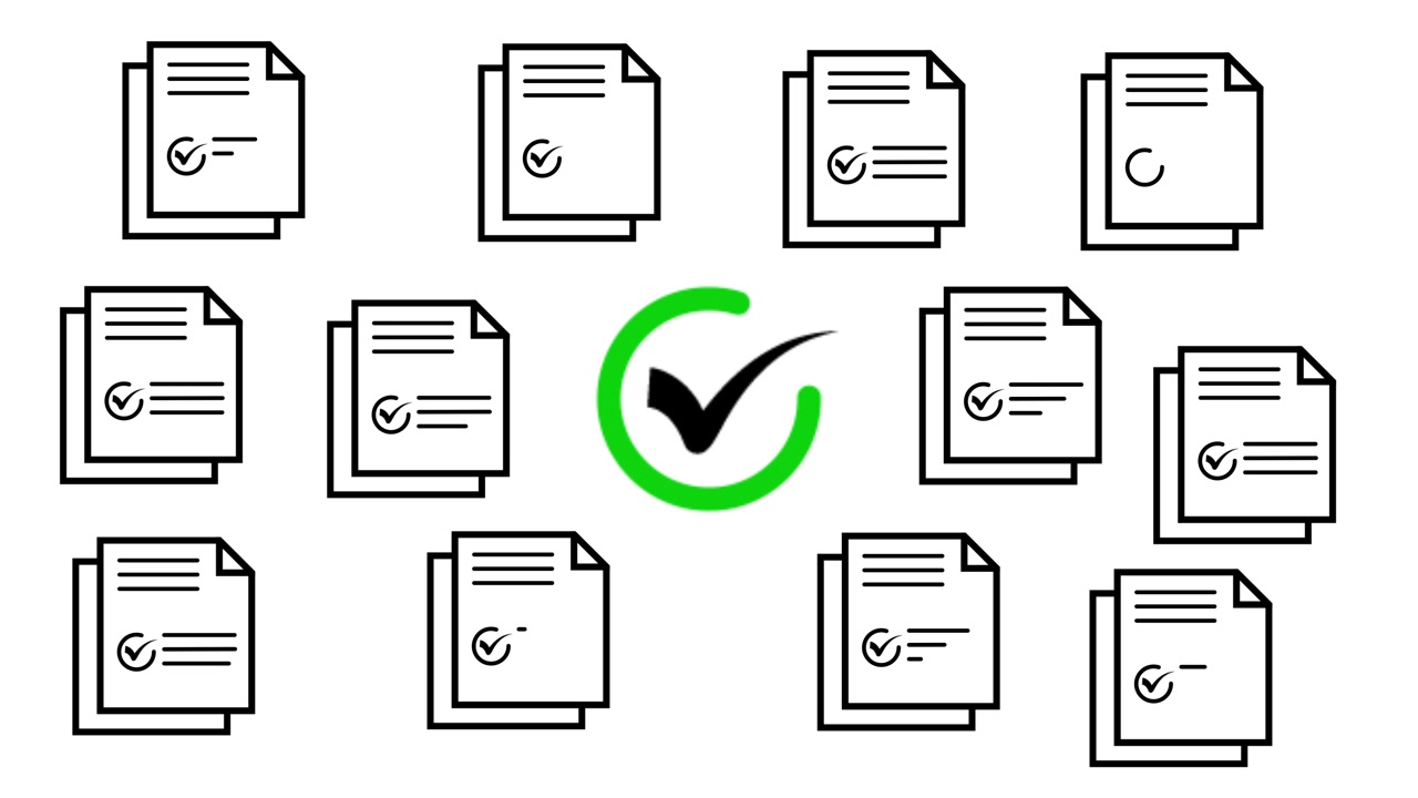 Lista de verificação digital com visto de aprovação mostrando animação de validação de documento isolado em fundo branco
