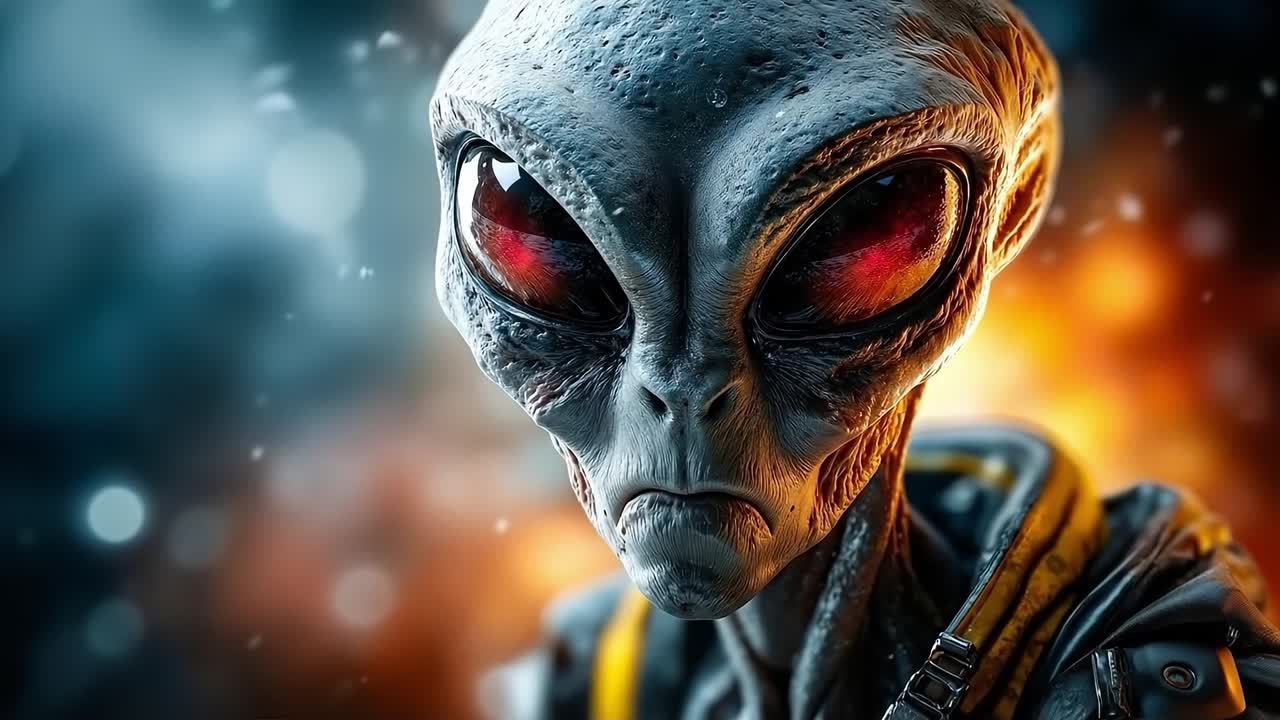 An alien with red eyes in a space suit