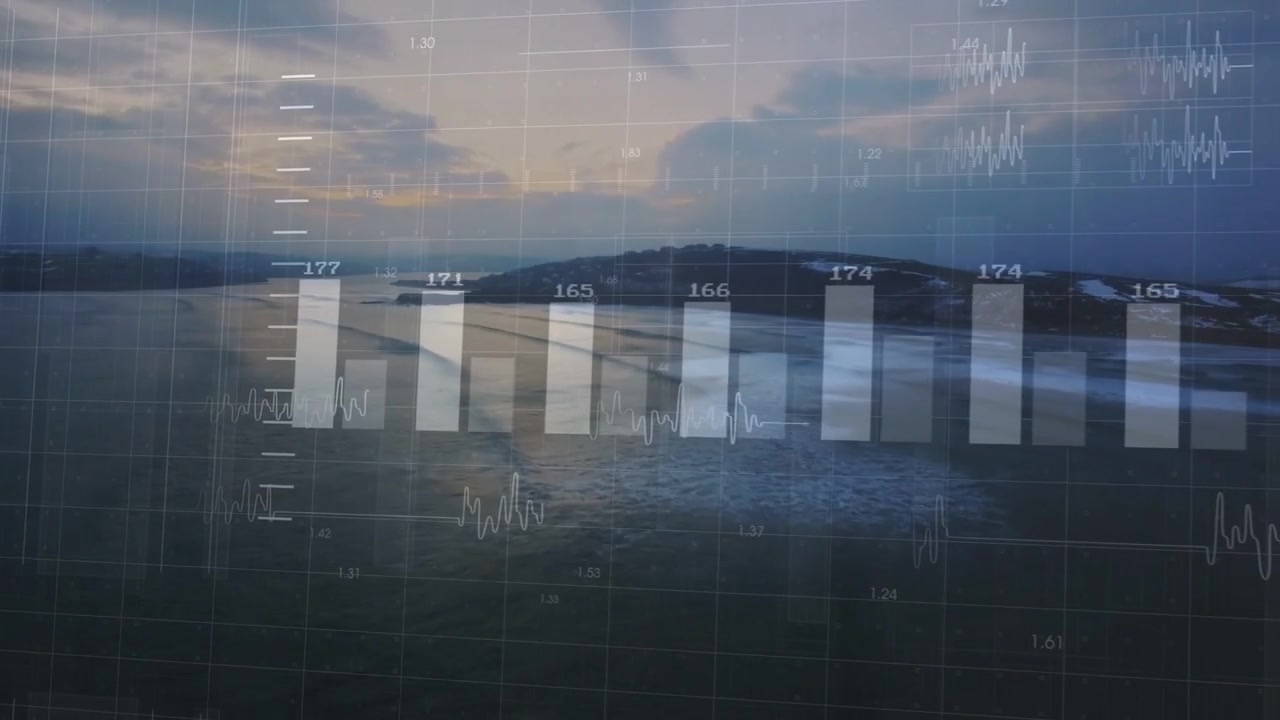 Animerend zeegezicht toont doorschijnende staafdiagrammen over open water en sneeuwplekken bij schemering.