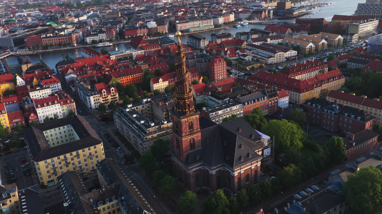 Aerial drone view of the iconic spiral tower of the Church of Our Saviour in Copenhagen, Denmark