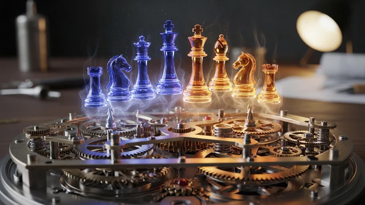 A Stunning Display of Chess Pieces Hovering Above Intricate Gears, Showcasing the Blend of Strategy and Mechanism in an Enigmatic Setting