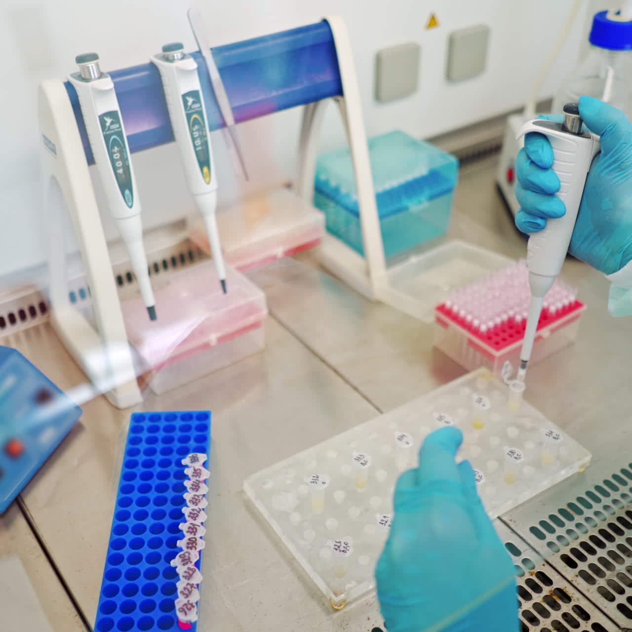 Medical equipment on the table in laboratory. Female hands working with test tubes. Researcher in his work place in modern lab.