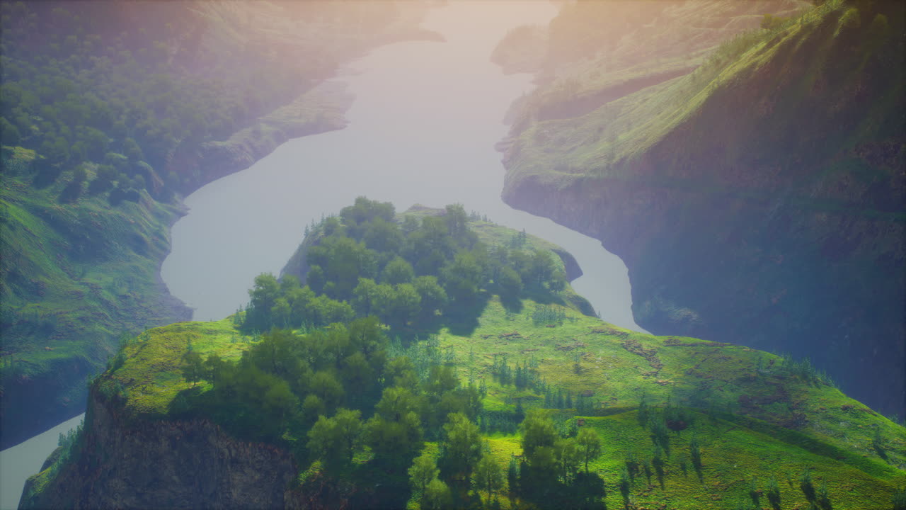 una vista aérea de la selva tropical en la mañana brumosa