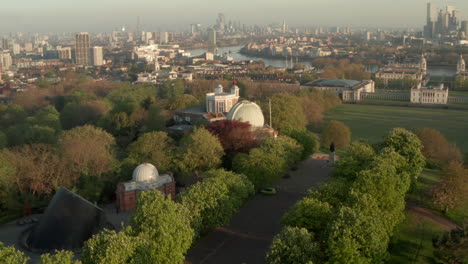 aerial shot over the greenwich observatory looking towards central london
