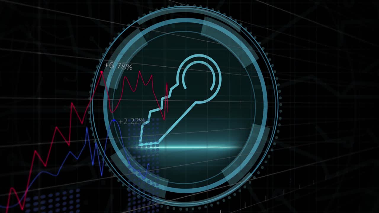 animación del icono digital clave y el procesamiento de datos sobre un fondo negro.