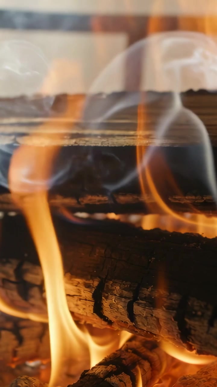 Video verticale: Ceppi tremolanti emettono fumo nel focolare, mentre il flusso d'aria alimenta le braci ardenti.