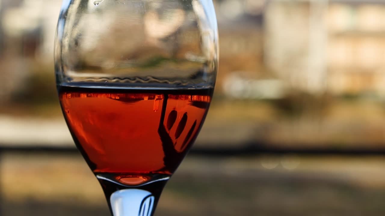 A detailed view of a wine glass filled with red liquid against a blurred background.