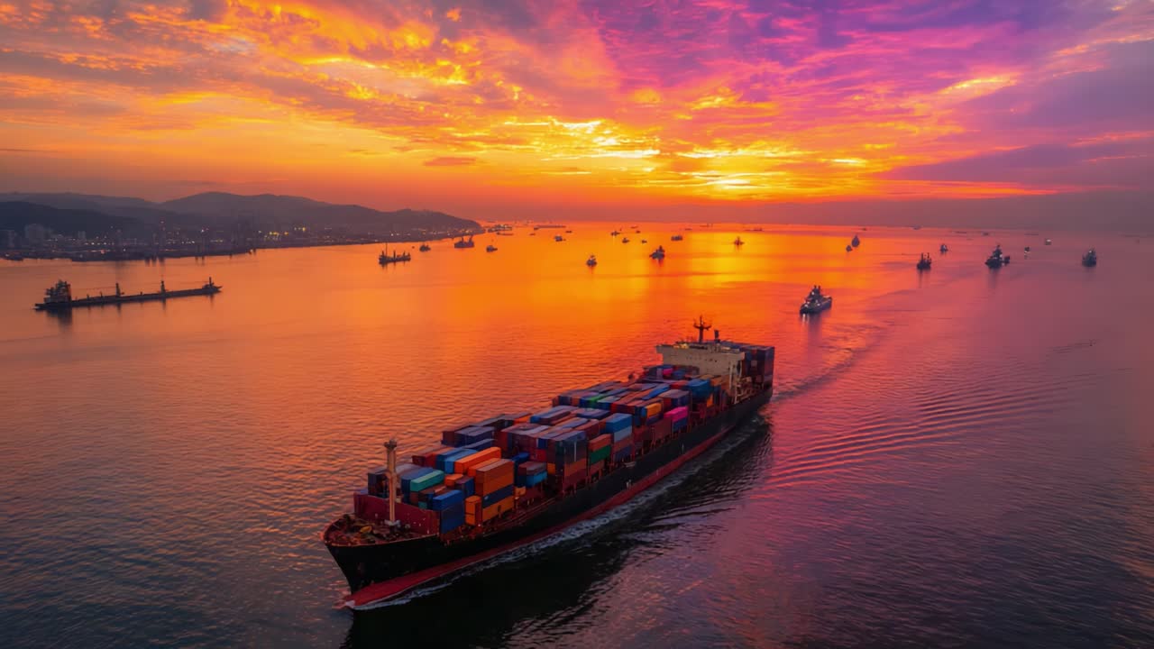 A Shipping Container Vessel Navigates Through Calm Waters at Sunset, Surrounded by Multiple Vessels Against a Dramatic Sky of Colorful Shades During Sunset