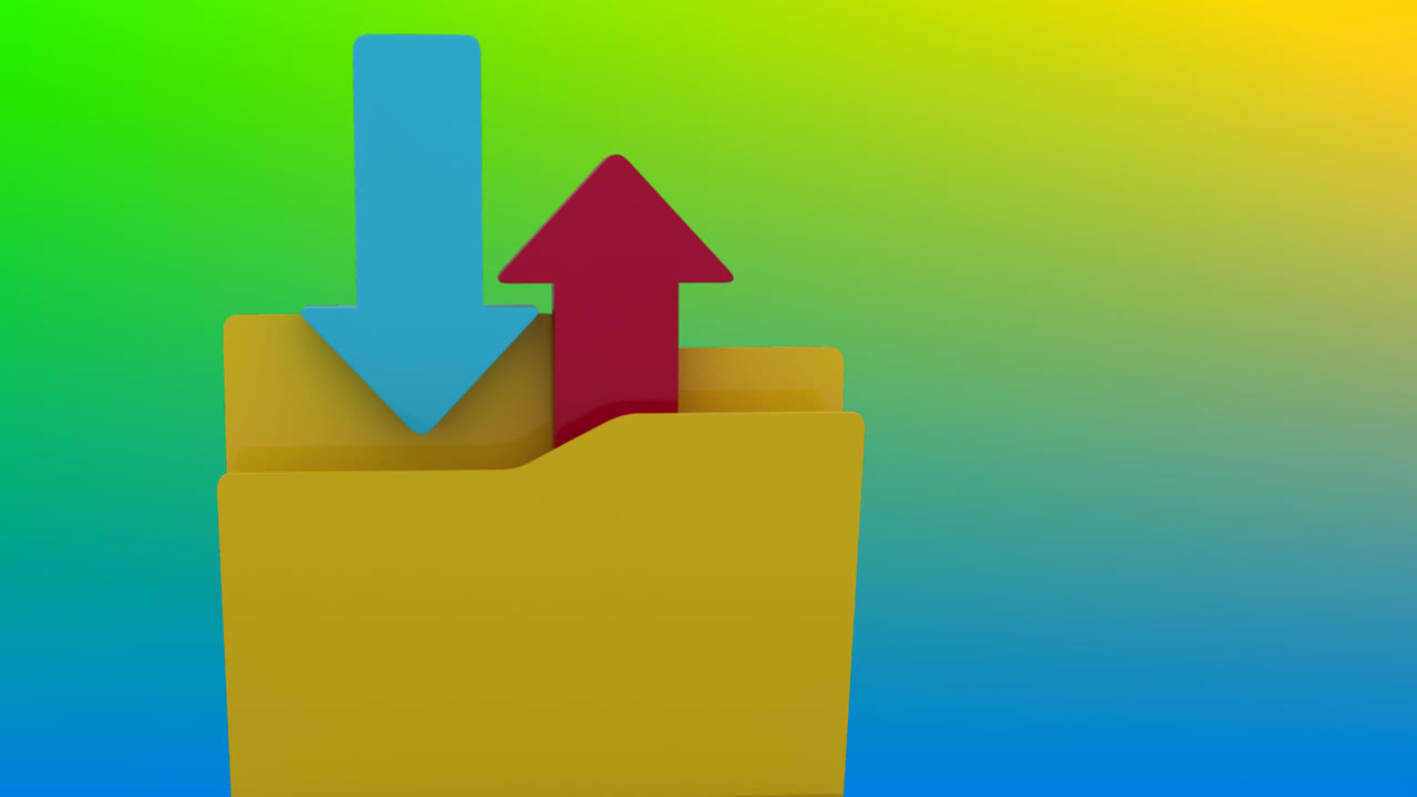 animación digital del icono de la carpeta de descarga y carga contra un fondo de gradiente azul y amarillo