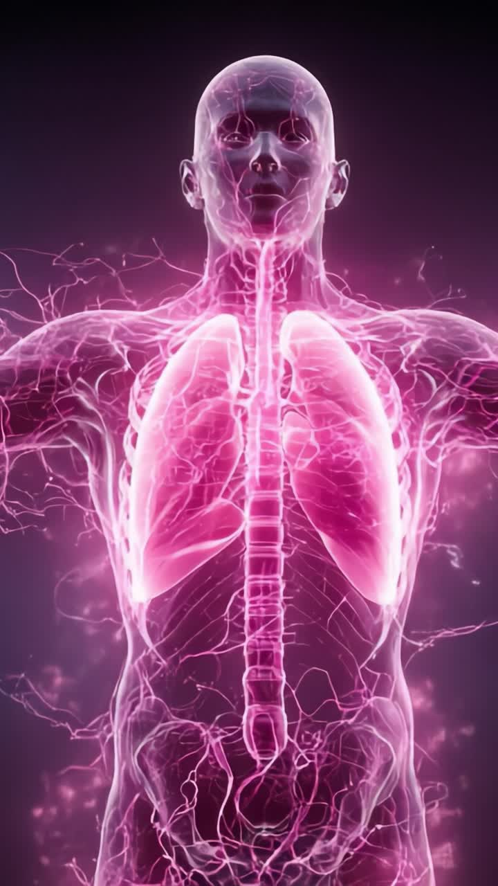 Una Rappresentazione Visiva Affascinante dell'Anatomia Umana che Mostra i Polmoni e l'Essenza Vitale, Attraverso un'Illuminazione Rosa Intricata e Pattern Energetici