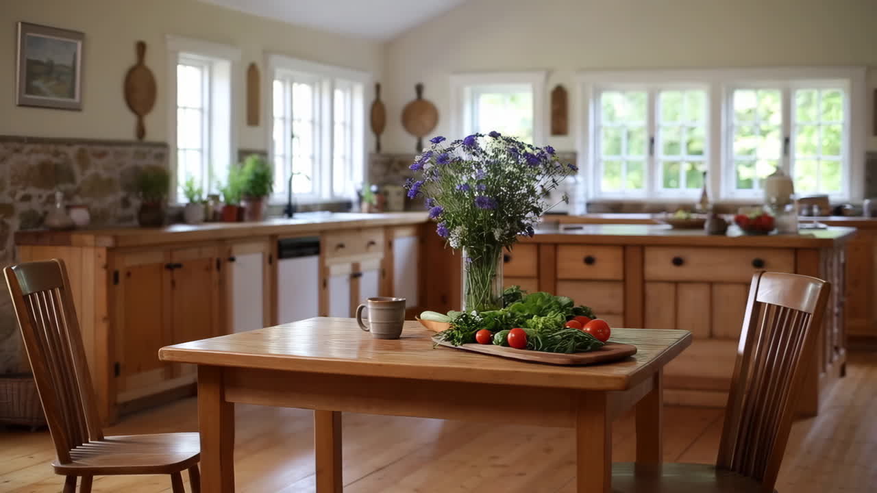 A Rustic Kitchen with Wooden Furniture, Flowers, and Fresh Vegetables on a Table
