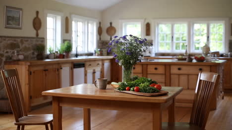 a rustic kitchen with wooden furniture, flowers, and fresh vegetables on a table