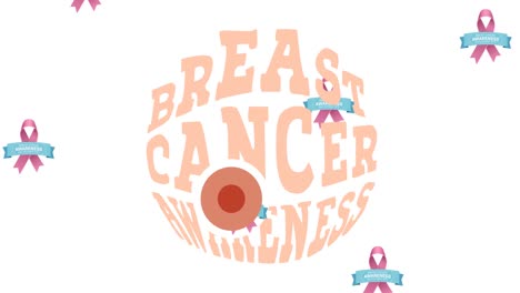 animation of multiple pink ribbon logo and breast cancer text appearing on white background
