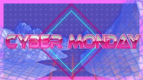 Cyber-monday-text-over-neon-banner-against-3d-mountain-structures-on-blue-background