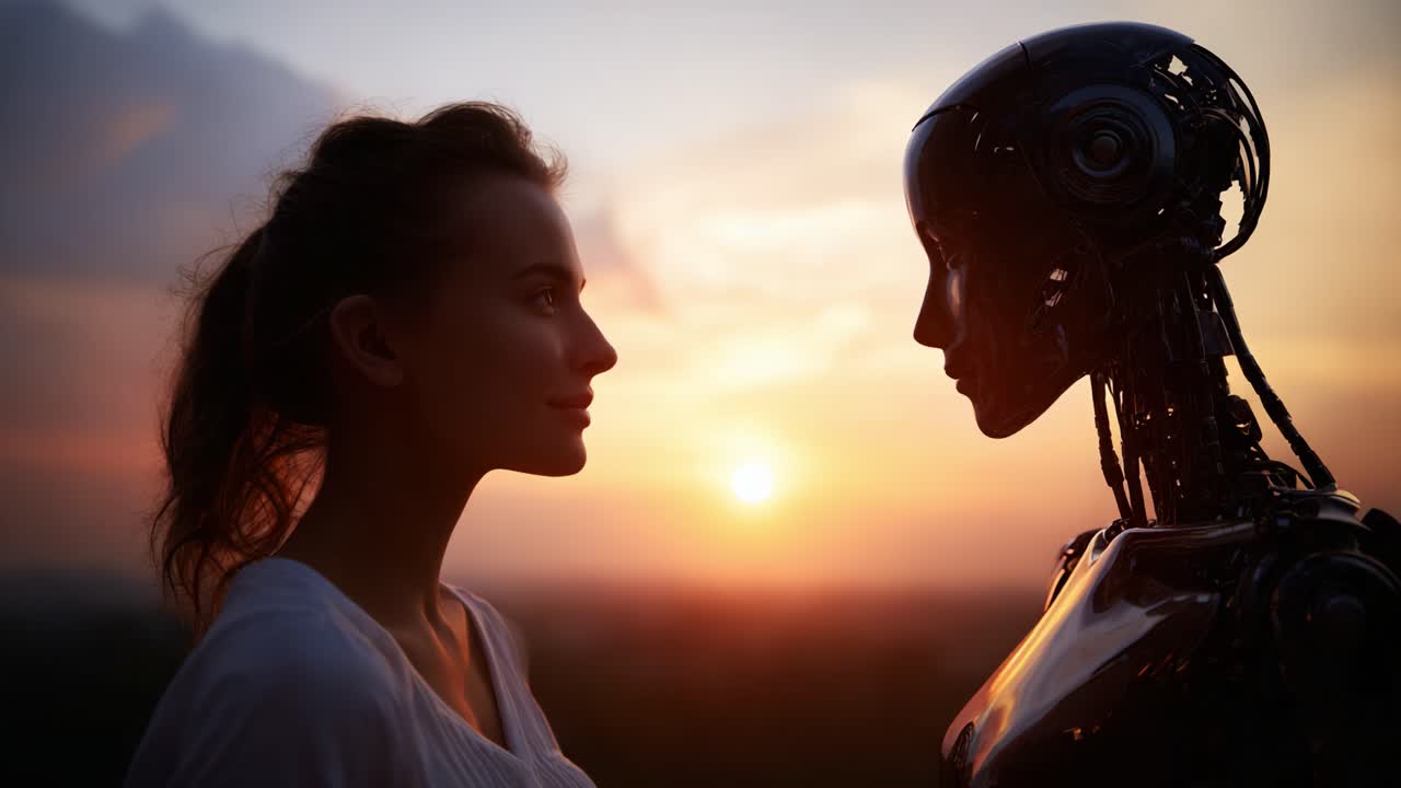 Une rencontre unique entre l’humanité et la technologie : une femme regarde un compagnon robotique pendant un coucher de soleil à couper le souffle, explorant des connexions au-delà de l’existence.
