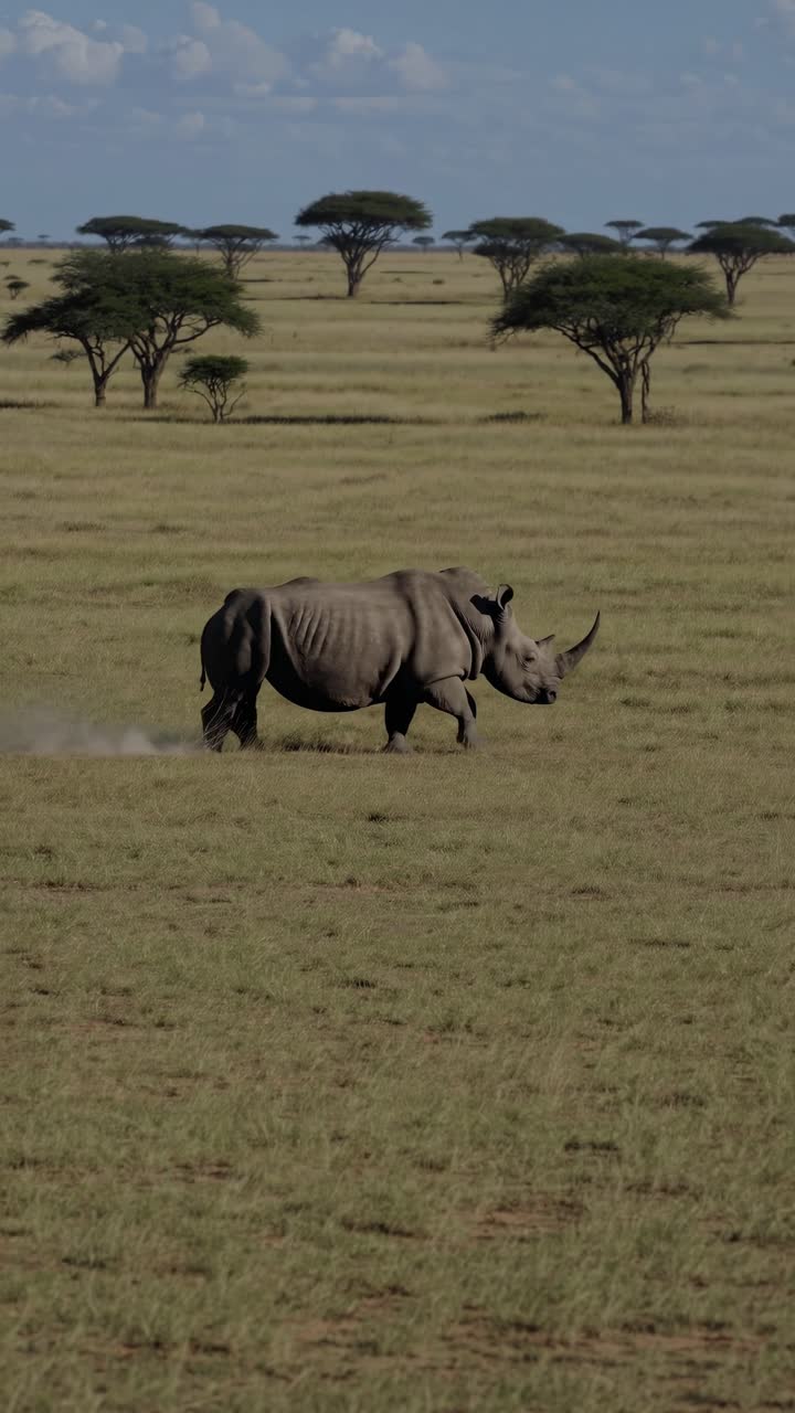 A serene video scene of a rhino walking across an expansive savannah