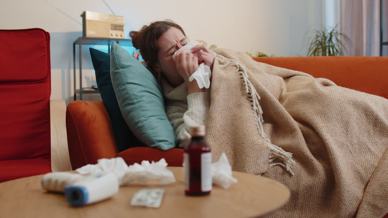 Sick ill woman suffering from cold or allergy sitting on home sofa sneezes wipes snot into napkin