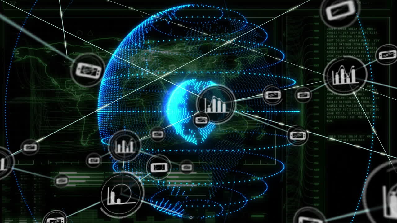 Animation of globe over network of connections with icons