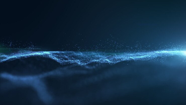 Onda di particelle grafiche in movimento generata digitalmente e futuristica che fluisce in un ambiente astratto di cyberspazio nella realtà virtuale, sfondo astratto in loop con effetto sfocato