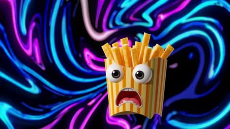 animated french fries character displaying surprised emotion while floating against vibrant psychedelic background, expressing playful cartoon personality