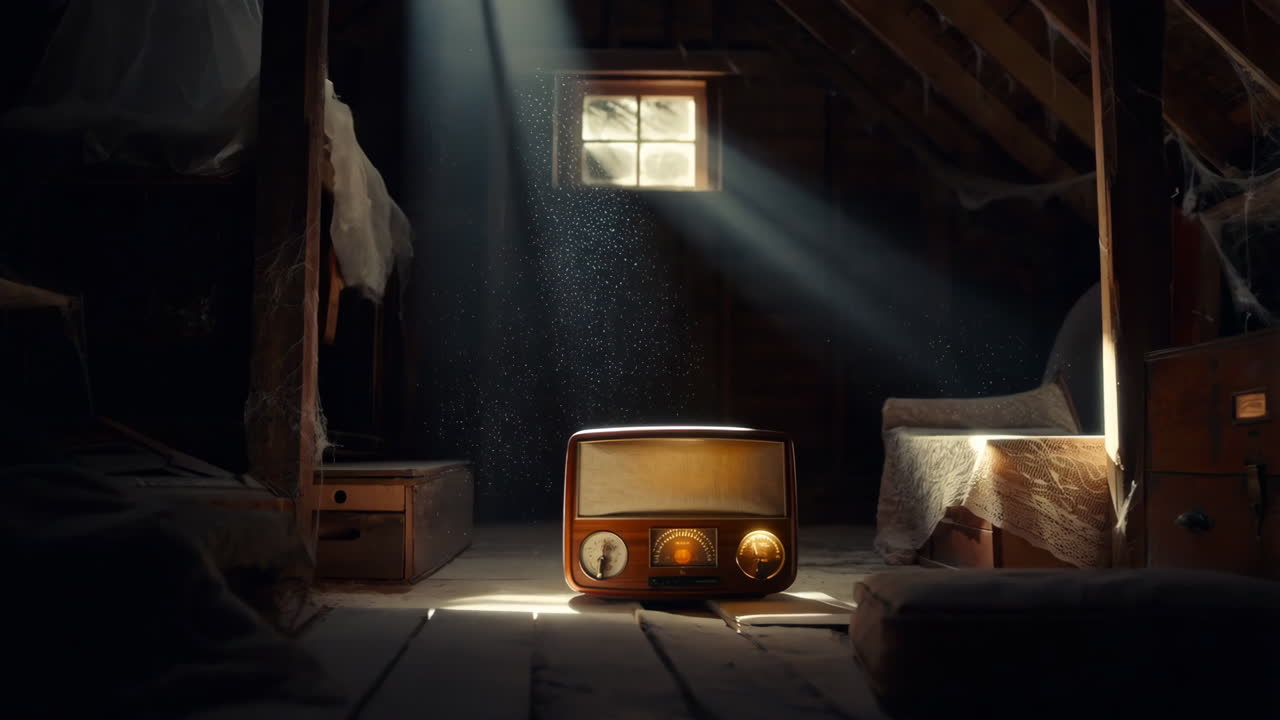 Vintage Radio in a Dusty Attic with Sunbeams