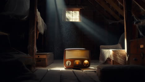 vintage radio in a dusty attic with sunbeams