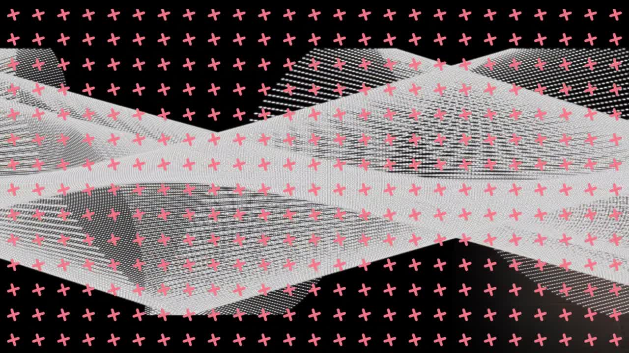 핑크색 십자가의 격자 애니메이션, 검은색에  ⁇ 힌 반투명한 물질의 회전 풍경 위에