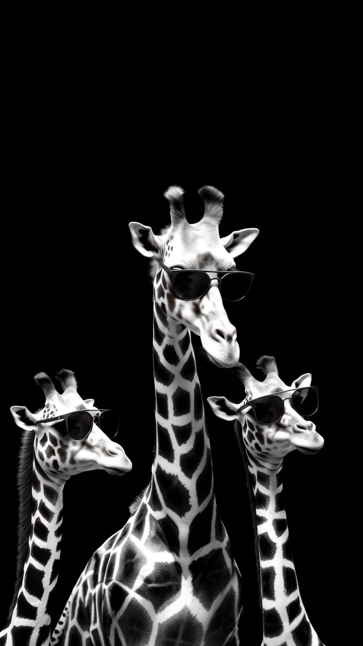 Três Girafas Usando Óculos de Sol Contra um Fundo Preto