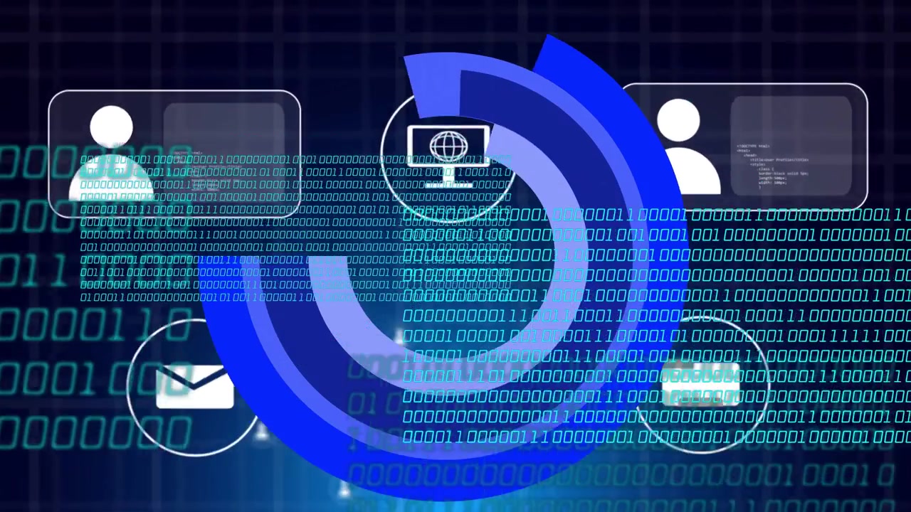 Concentric blue arcs expanding and rotating with icons appearing, showing network topology and data