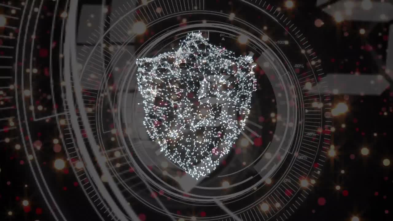 Animation of digital shield over black background with counting and dots