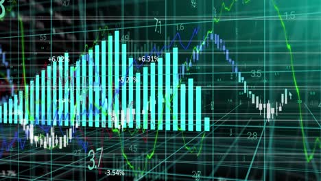 Animación-De-Gráfico-Azul-Con-Cuadros-Y-Gráficos-Que-Procesan-Datos-Sobre-Cuadrícula-Sobre-Fondo-Negro