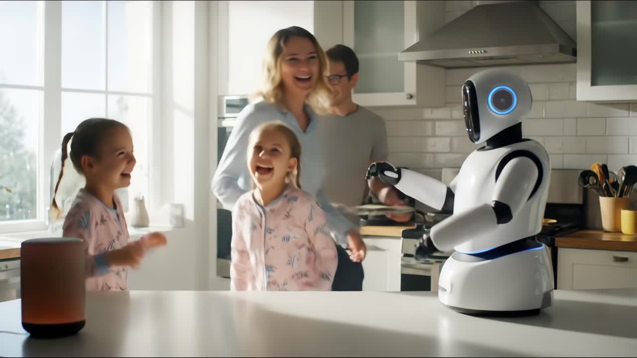 Happy family interacting with home robot and smart speaker in modern kitchen, enjoying benefits of automation