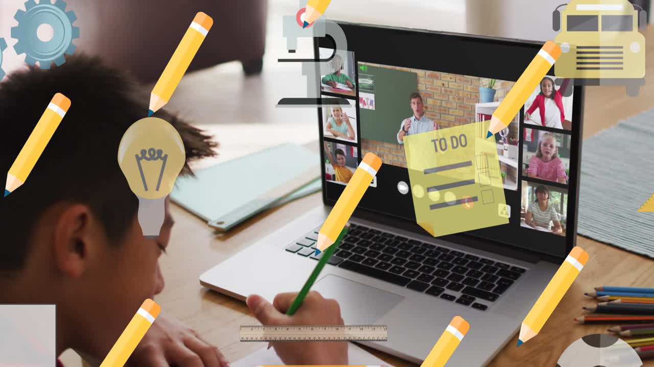 animación de iconos escolares sobre escolares biraciales en una lección en línea en computadora portátil