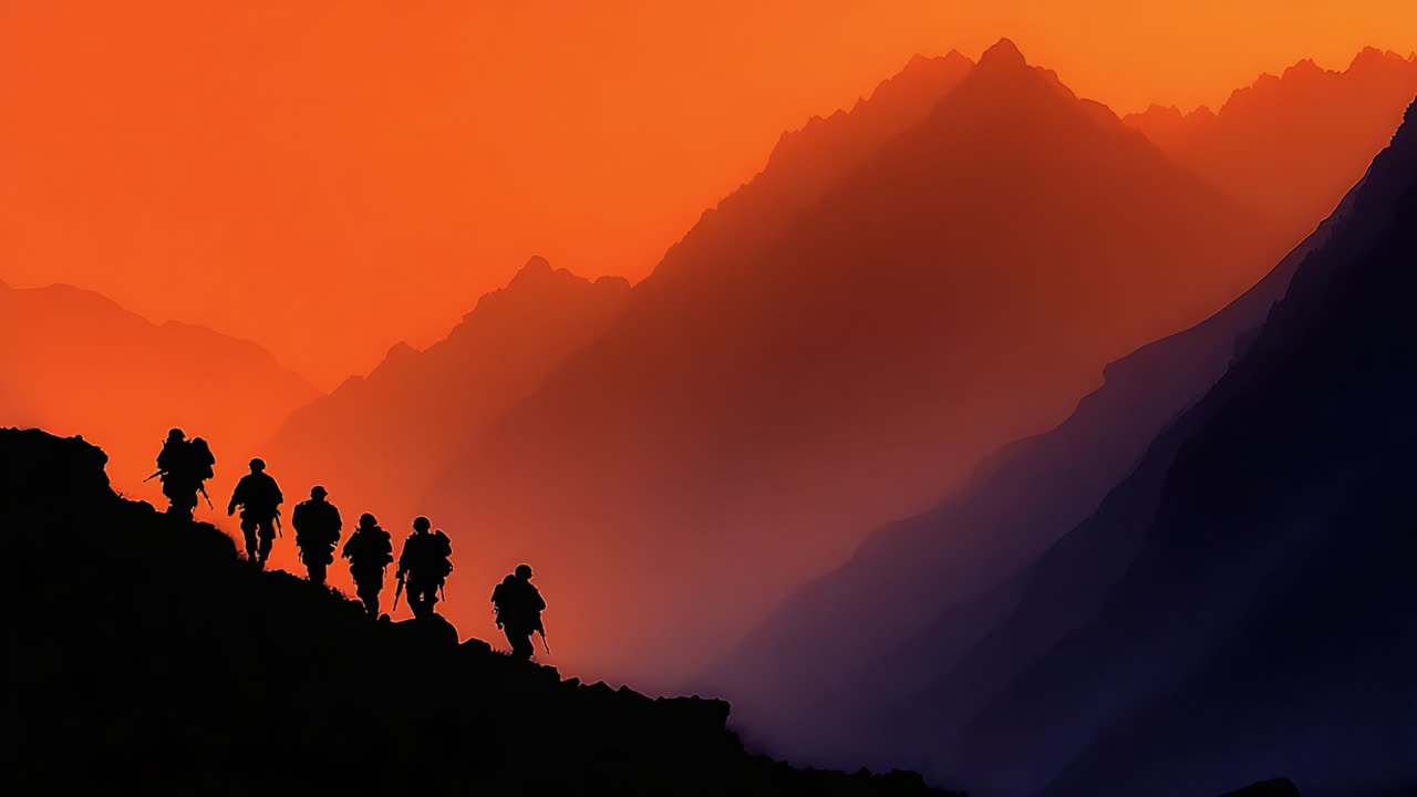 夕暮れ時、雄大な山々をトレッキングするシルエットの兵士たち、息をのむようなオレンジ色の空に包まれ、冒険と力の真髄を捉えた