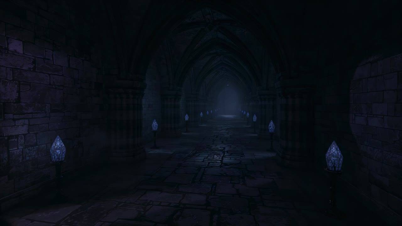 Pulsing bluish crystal lamps sending mist along vaulted stone corridor, revealing distant glow