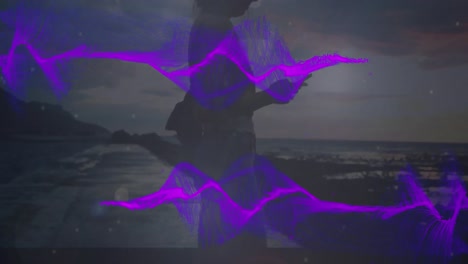 Animation-of-purple-wave-over-woman-using-smarphone