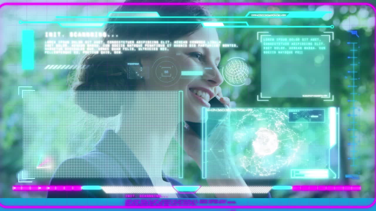animación de procesamiento de datos contra una mujer de negocios caucásica hablando en teléfono inteligente en el parque